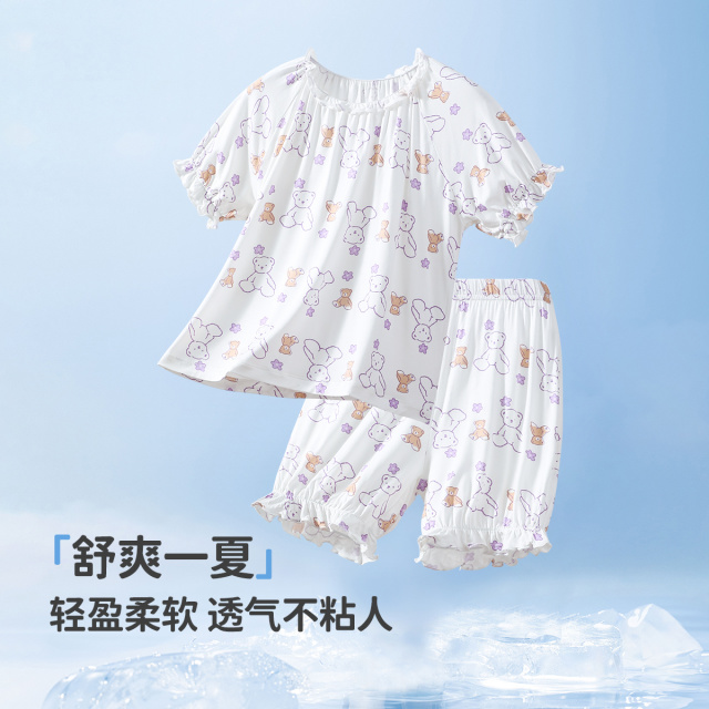 13533909.【福利清仓】【趣味满印】猫人女童短袖家居套装亲肤睡衣(M花边小熊)