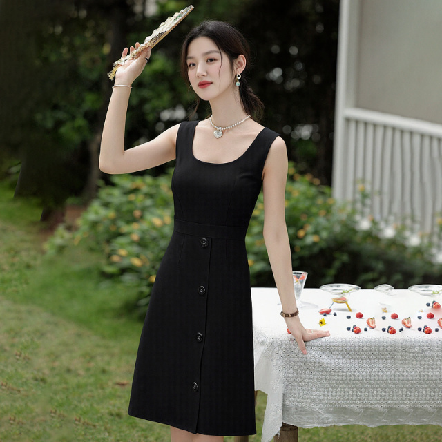 13530741.瑞品集团JEANS【赫本回眸】夏季商务通勤圆领无袖高腰修身气质A字连衣裙女短款