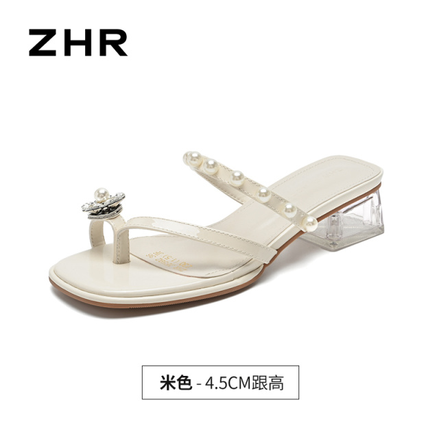 13531294.【ZHR则则】粗跟拖鞋夹趾套脚粗跟女鞋[PU]