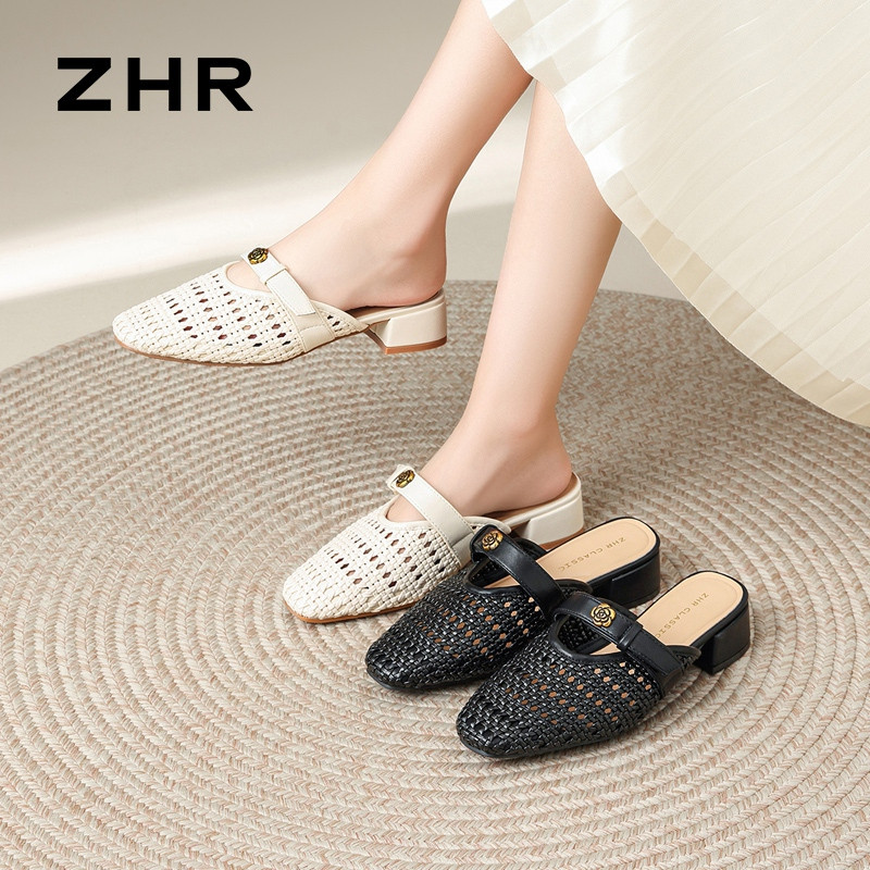13800158.【ZHR则则】穆勒拖鞋圆头套脚粗跟女鞋[PU+编织]