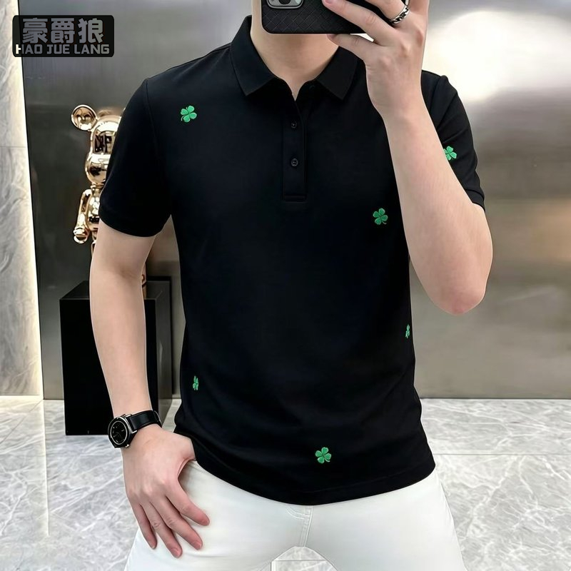 13534322.夏季轻奢高级四叶草刺绣有领男修身潮流潮牌简约百搭时尚短袖polo