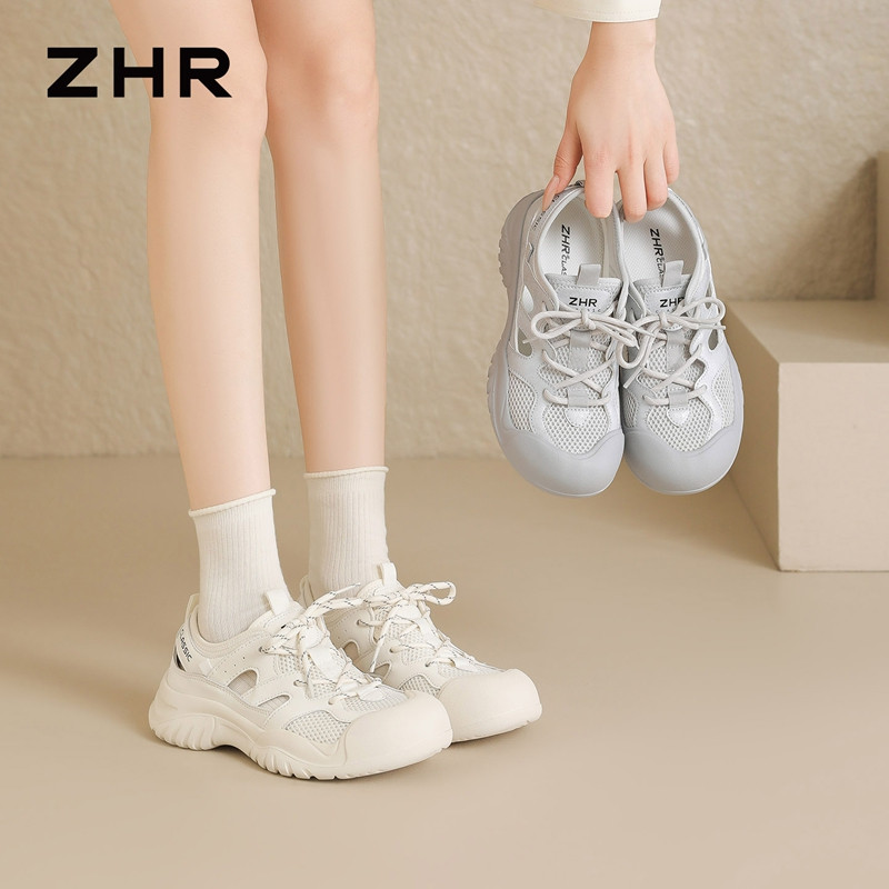 13676759.【ZHR则则】户外休闲鞋圆头系带厚底女鞋[米色：网布+超纤  银灰色：网布+仿超纤]