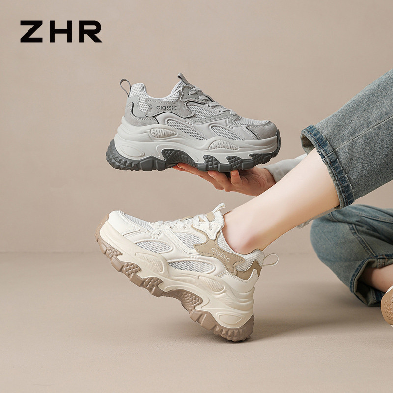 13749330.【ZHR则则】老爹鞋圆头系带透气厚底女鞋[PU+网布+PVC]