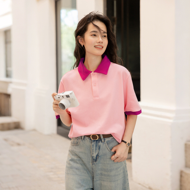 13530808.瑞品集团JEANS【少女遐想】夏季多巴胺云朵棉撞色拼接polo领短袖女式t恤