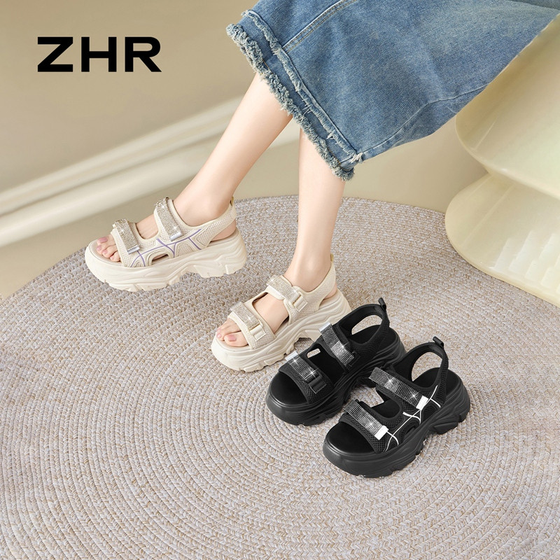 13530626.【ZHR则则】运动凉鞋露趾魔术贴厚底女鞋[网布+PU+织物]