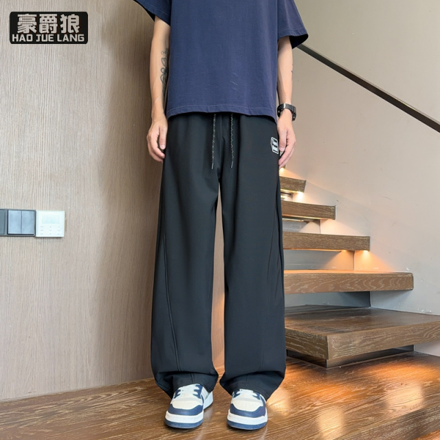 13534298.夏季薄款冰丝裤男款休闲裤子男士学生青少年运动垂感直筒长裤