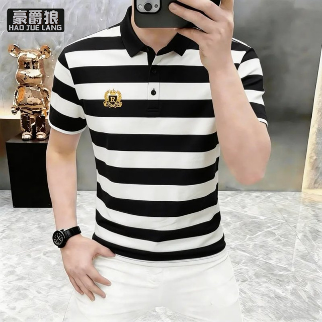 13534274.新款夏季纯棉条纹短袖POLO衫男高端潮牌修身休闲青年刺绣上衣T恤