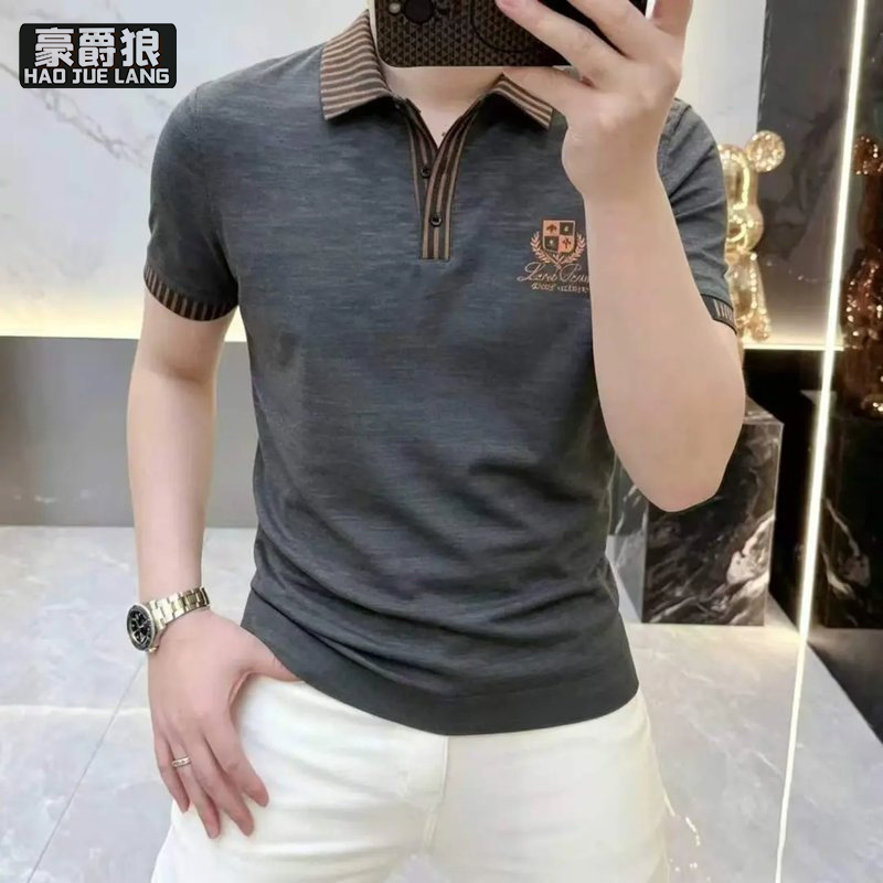 13534280.老钱风薄款短袖T恤男式夏季轻奢撞色刺绣翻领POLO衫青年潮流上衣