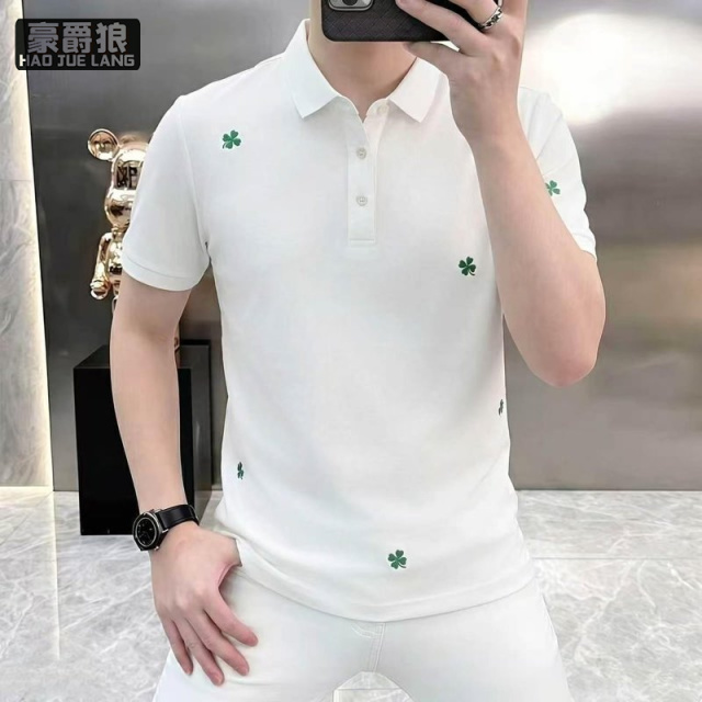 13534322.夏季轻奢高级四叶草刺绣有领男修身潮流潮牌简约百搭时尚短袖polo