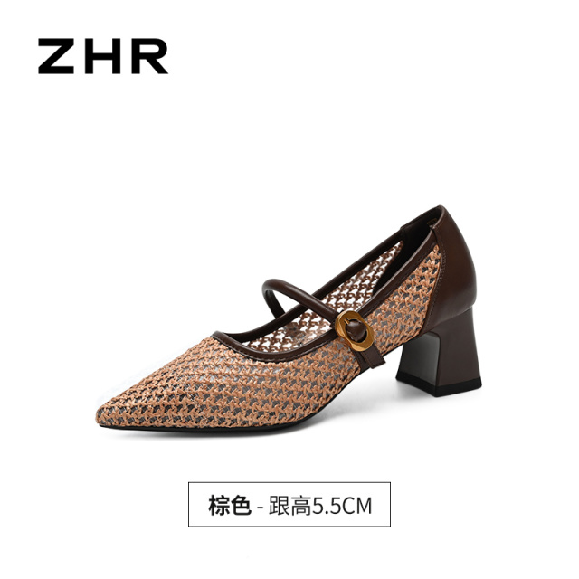 13531340.【ZHR则则】粗跟玛丽珍鞋尖头套脚粗跟女鞋[PU+网纱]