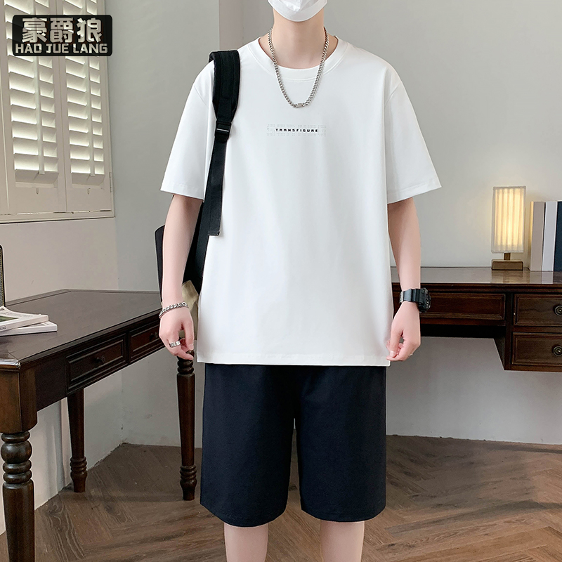 13534328.夏季新款青少年短袖T恤短裤套装男学生宽松休闲运动两件套潮