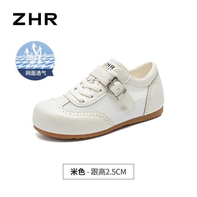 13676761.【ZHR则则】薄底德训鞋圆头搭扣平底女鞋[猪皮软垫]