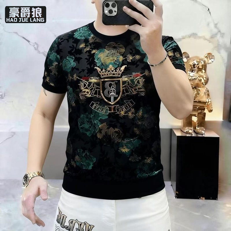 13534319.夏季欧货爆款烧花植绒3D亮片烫花短袖潮流时尚休闲冰丝薄款T恤男