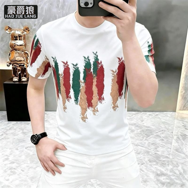 13534320.高品质彩色条纹短袖t恤男夏季舒适新款潮流修身半袖男士圆领体恤