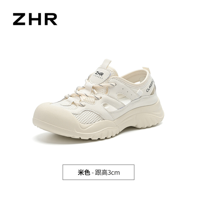 13676759.【ZHR则则】户外休闲鞋圆头系带厚底女鞋[米色：网布+超纤  银灰色：网布+仿超纤]