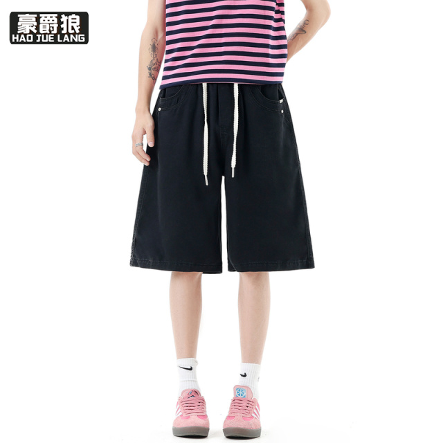 13534290.立裁牛仔短裤夏季新款男士宽松百搭直筒五分裤潮流纯色休闲短裤
