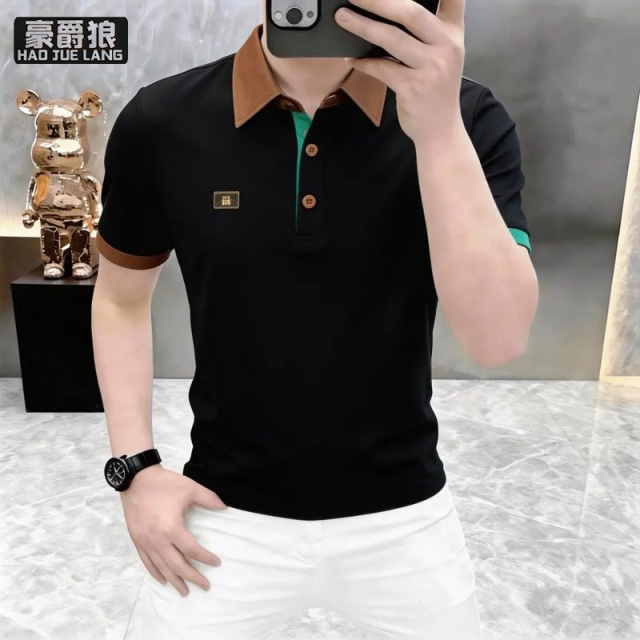 13534267.简欧潮牌男士短袖翻领POLO衫撞色商务休闲百搭T恤男夏季修身