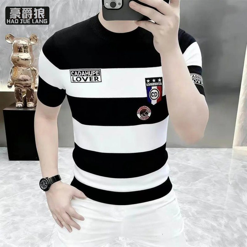 13534297.冰丝透气短袖t恤男夏季薄款潮牌潮流条纹半袖体恤青年休闲上衣服