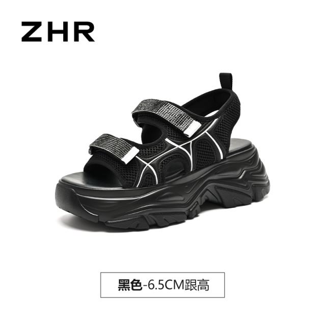 13530626.【ZHR则则】运动凉鞋露趾魔术贴厚底女鞋[网布+PU+织物]