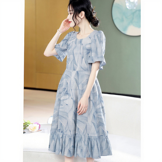 13530802.瑞品集团JEANS【飘逸75D雪纺珠印花】夏季气质通勤荷叶袖收腰连衣裙女中长裙