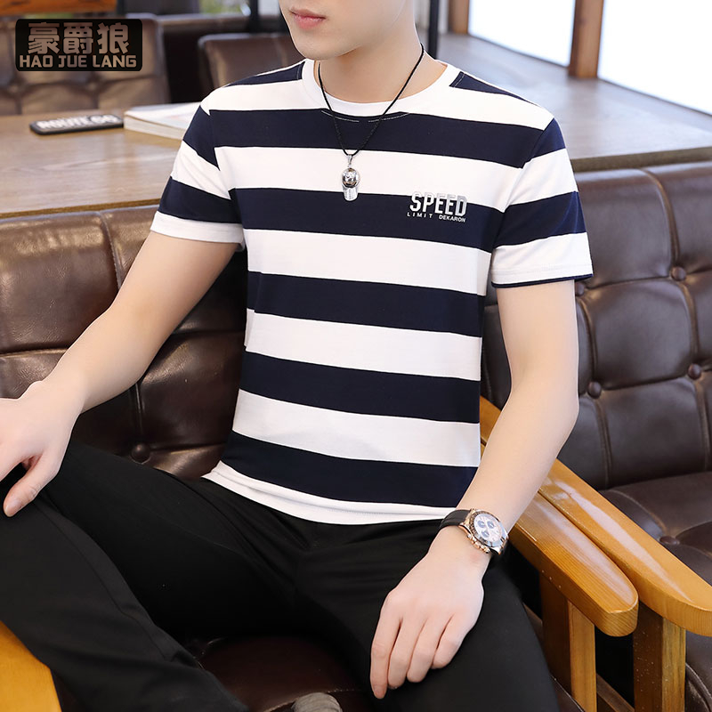 13534238.夏季纯棉t恤衫圆领短袖T恤男休闲时尚轻奢透气条纹高级感男士体恤