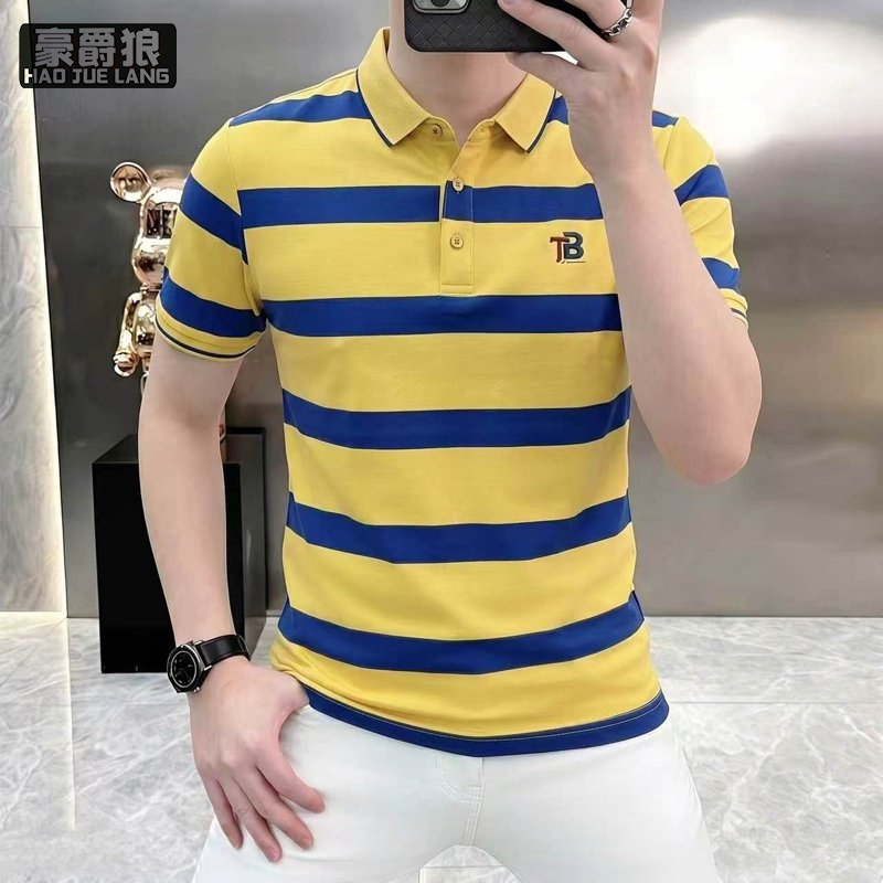 13534251.高档拼色条纹短袖T恤Polo衫男士夏季时尚百搭半袖T恤男装