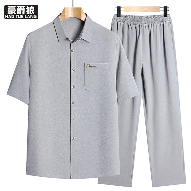 13534229.中老年男士新款翻领短袖衬衫套装夏季宽松透气爸爸装休闲两件套