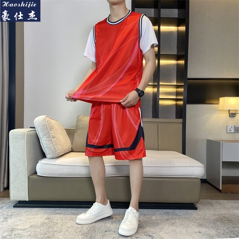 13533826.《冰丝凉感透气》篮球服套装跑步假两件短裤运动训练服