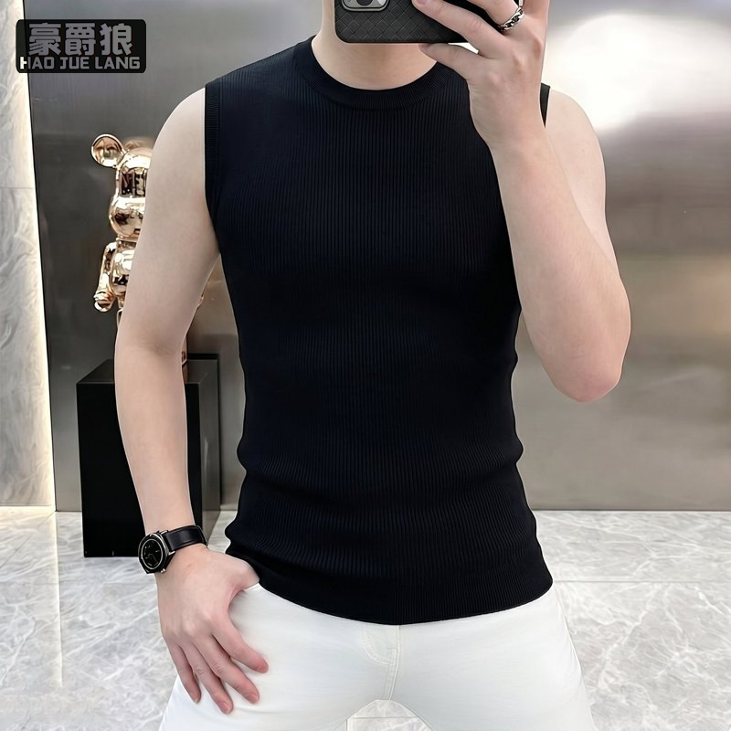 13534242.夏季时尚新款薄款针织无袖背心男士修身纯色简约百搭舒适凉感T恤
