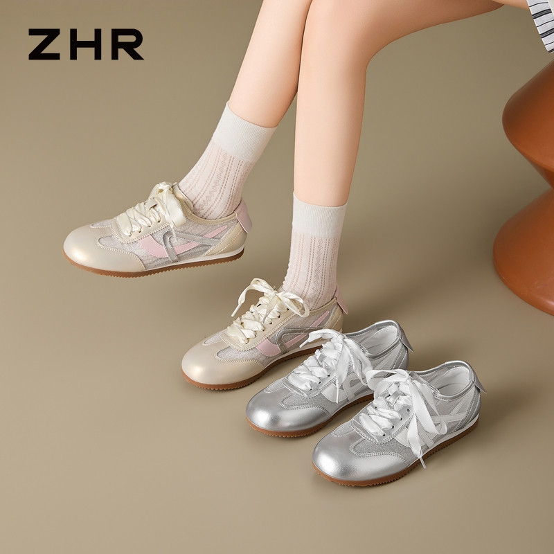 13530619.【ZHR则则】薄底德训鞋圆头系带平底女鞋[超纤+网布]