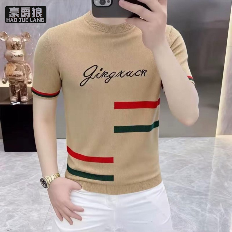 13534304.新款高端冰丝潮流针织短袖T恤男夏季圆领刺绣修身半袖上衣帅