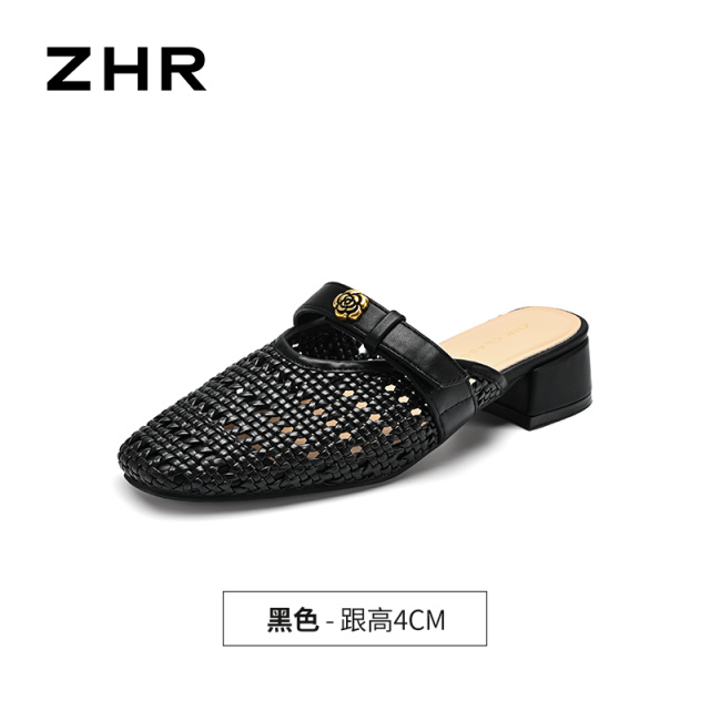 13800158.【ZHR则则】穆勒拖鞋圆头套脚粗跟女鞋[PU+编织]
