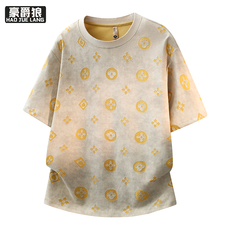 13534264.夏季新款男士圆领短袖t恤轻奢时尚潮流印花休闲百搭潮牌半袖上衣