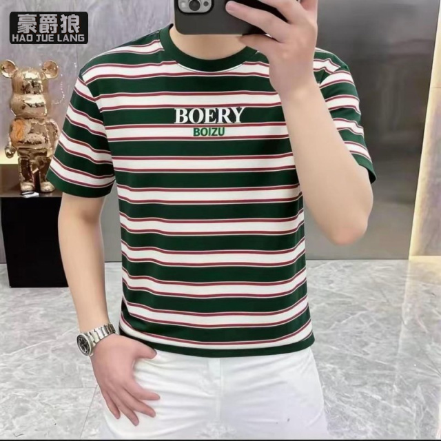 13534294.欧版轻奢撞色条纹短袖T恤男圆领字母印花休闲百搭潮流上衣体恤