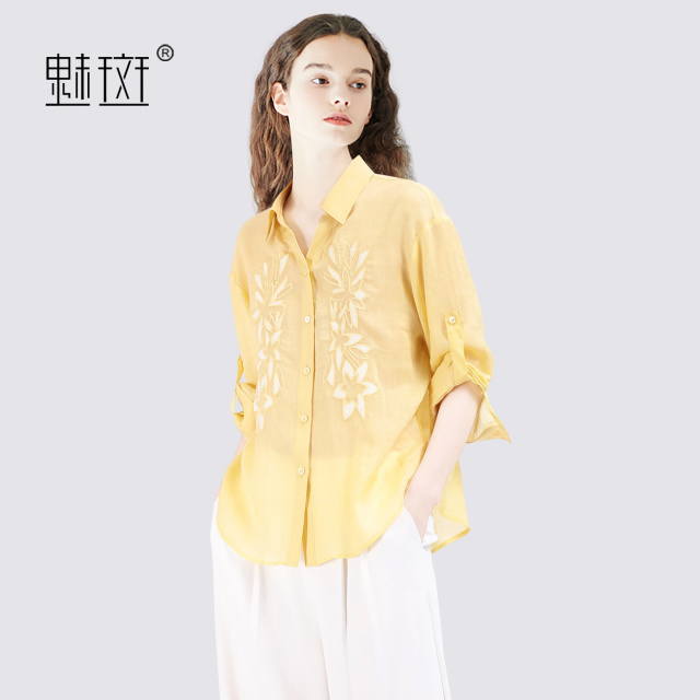 13531872.魅斑重工刺绣七分袖苎麻天丝衬衫衬衣