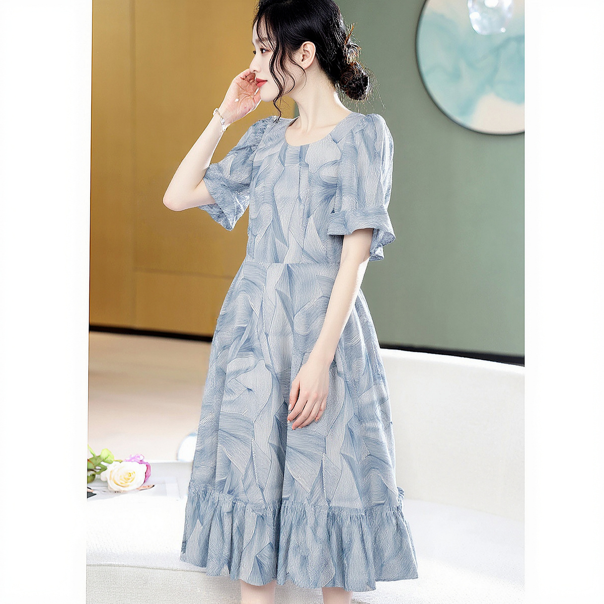 13530802.瑞品集团JEANS【飘逸75D雪纺珠印花】夏季气质通勤荷叶袖收腰连衣裙女中长裙
