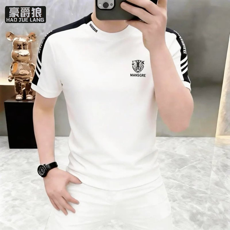 13534308.夏季新品轻奢圆领战马标黑白撞色男士短袖T恤休闲个性设计感上衣
