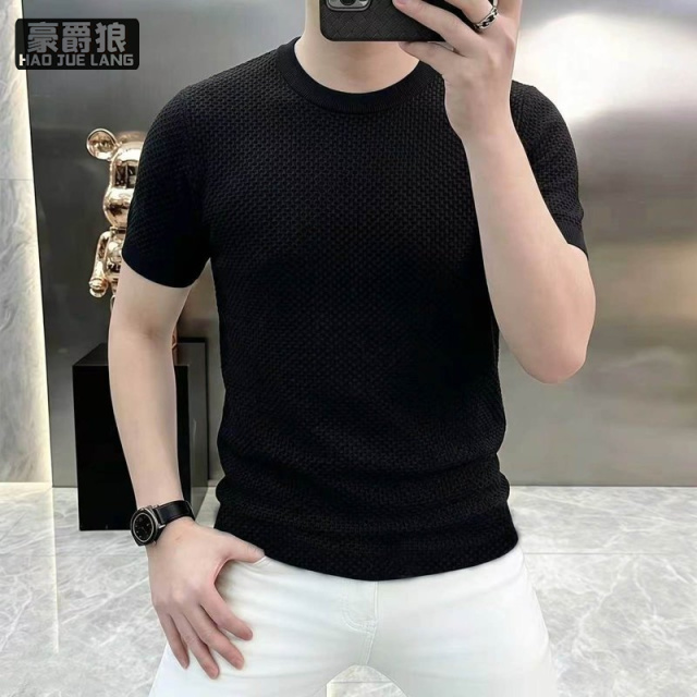 13534296.针织冰丝纯色短袖T恤男圆领休闲薄款上衣夏季简约百搭透气体恤