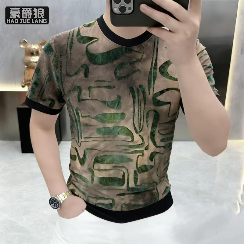 13534306.欧货夏季新款男士冰丝圆领植绒提花短袖T恤时尚修身弹力半袖上衣