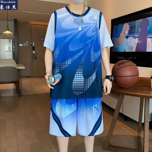 13533845.《百搭潮流》夏季假两件篮球服短袖套装男青少年速干比赛运动服