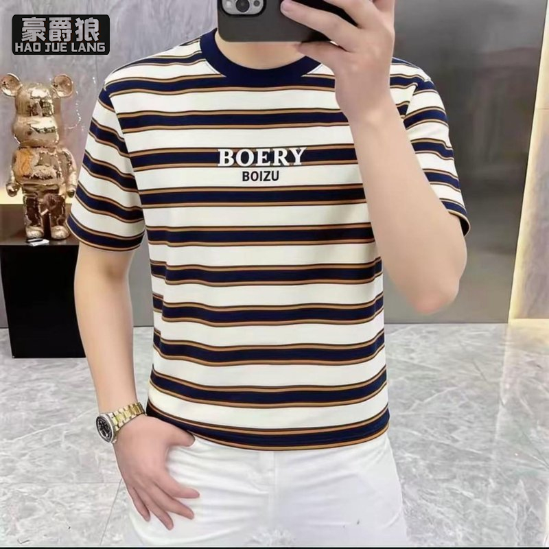 13534294.欧版轻奢撞色条纹短袖T恤男圆领字母印花休闲百搭潮流上衣体恤