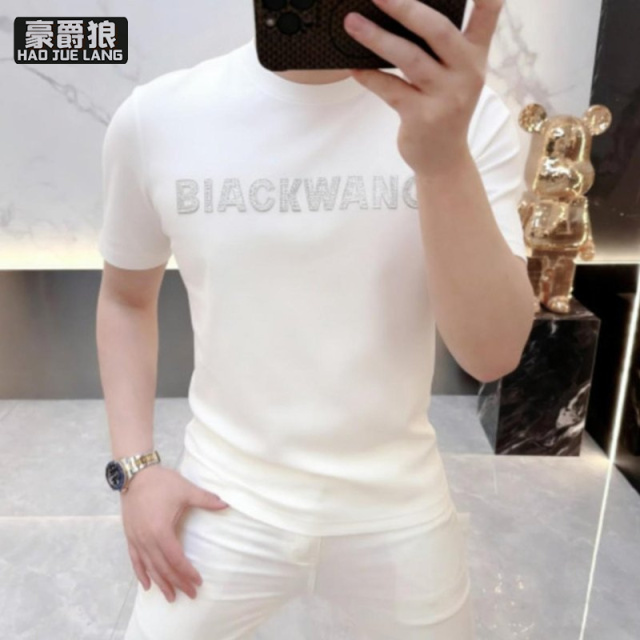 13534327.高端品质欧货高档夏季冰丝棉短袖T恤圆领印花男士休闲潮流体恤衫