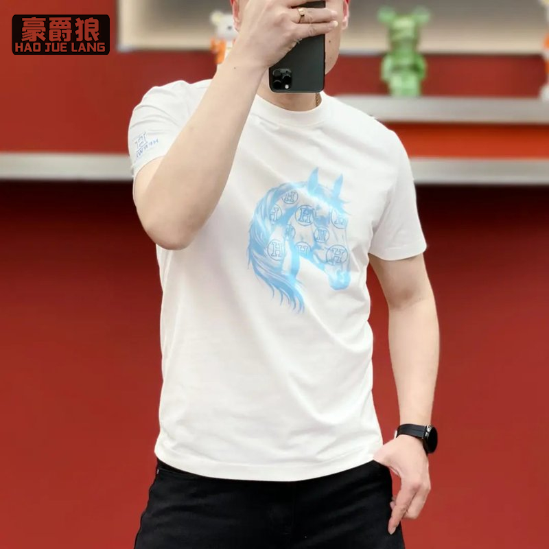 13534333.夏季新款男士时尚小马印花轻奢百搭休闲高品质修身圆领短袖