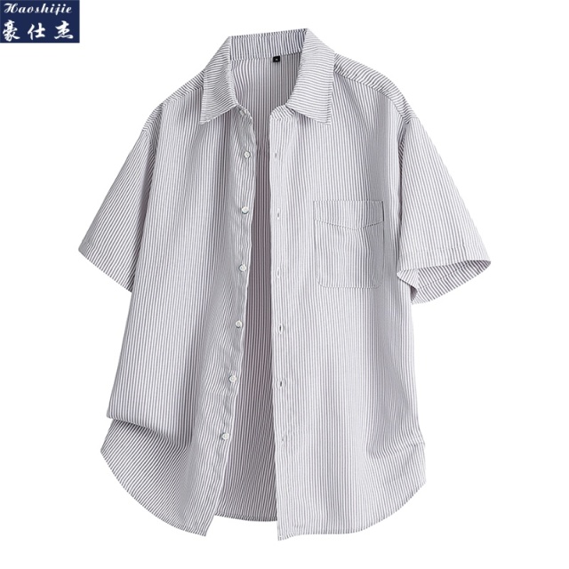 13537452.《简约休闲》夏季新款潮流百搭个性简约竖条纹短袖衬衫