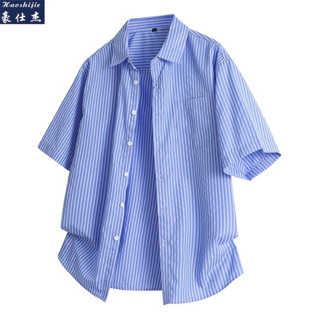 13537451.《百搭潮流》夏季时尚冰感撞色竖条纹潮流个性简约男款短袖衬衫