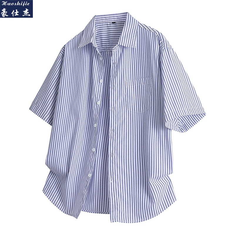 13537451.《百搭潮流》夏季时尚冰感撞色竖条纹潮流个性简约男款短袖衬衫