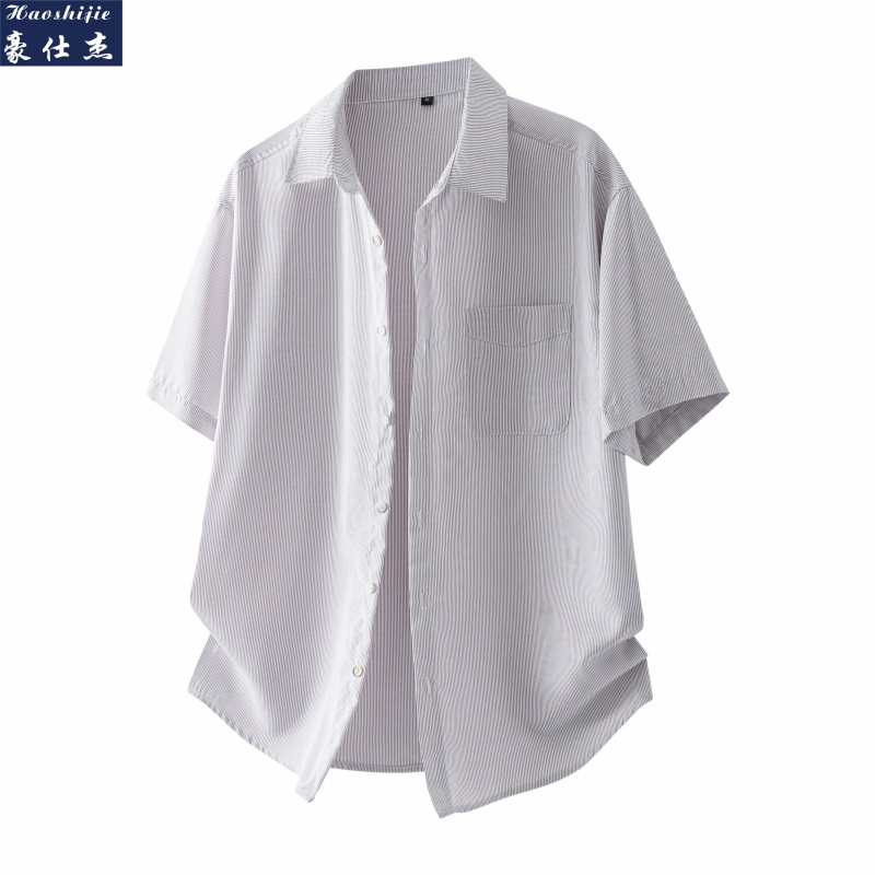 13537452.《简约休闲》夏季新款潮流百搭个性简约竖条纹短袖衬衫