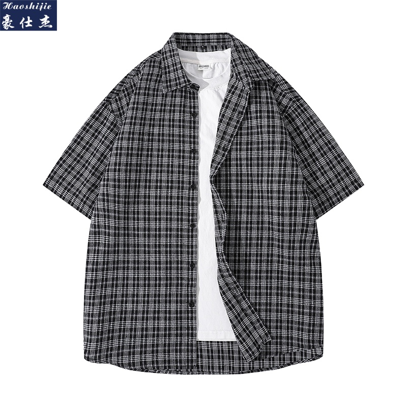 13537448.《百搭潮流》夏季新款潮流个性时尚简约港风宽松格子短袖衬衫