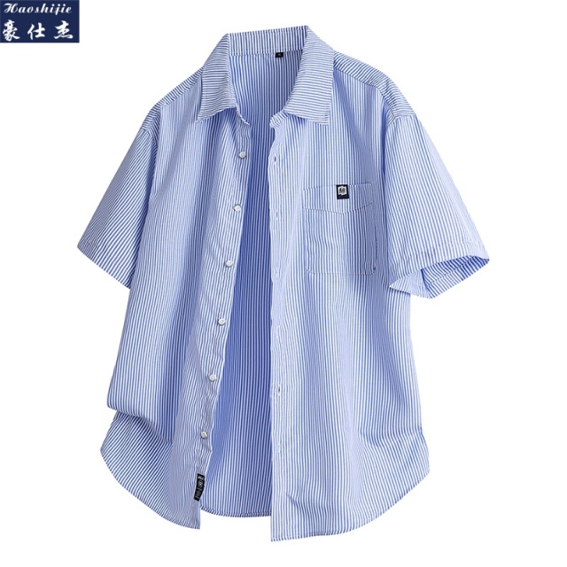13537454.《百搭潮流》夏季新款潮流个性时尚百搭细条竖纹休闲短袖衬衫