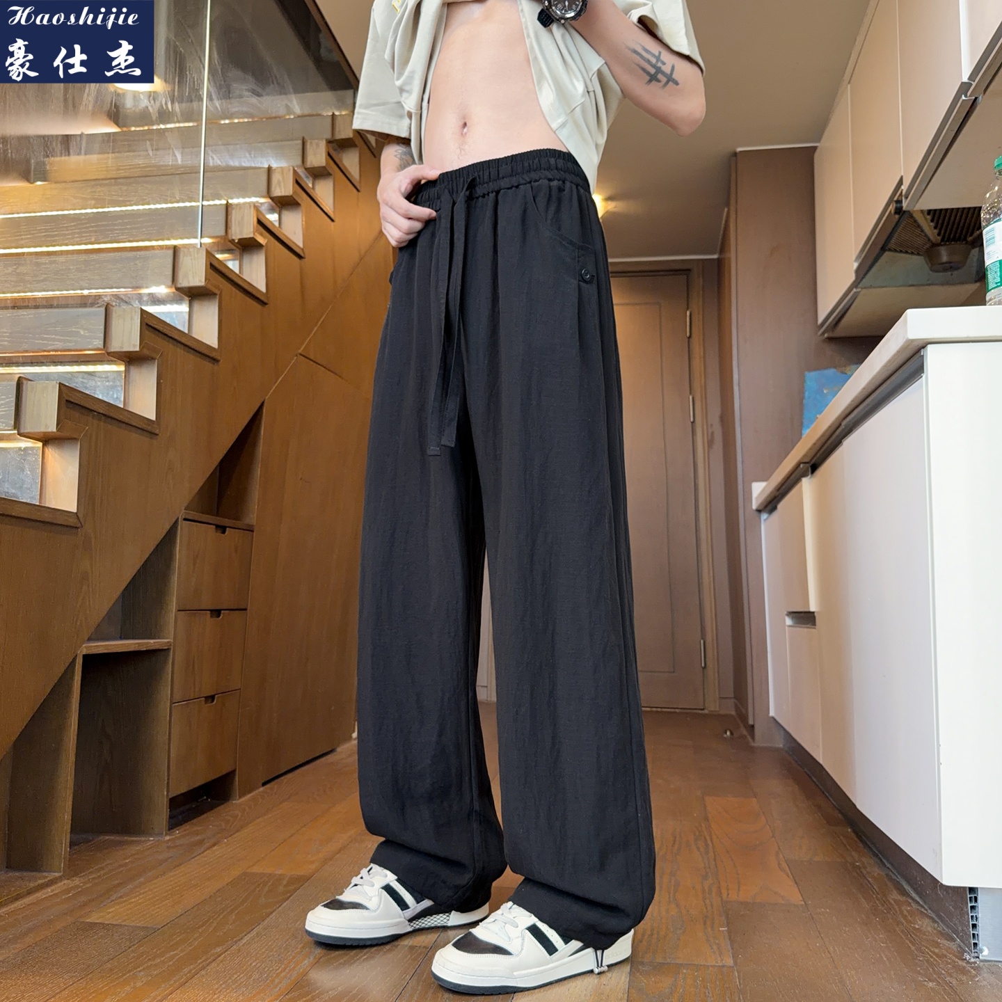 13537453.《百搭潮流》春夏新款时尚老钱风冰感宽松透气阔腿男休闲裤